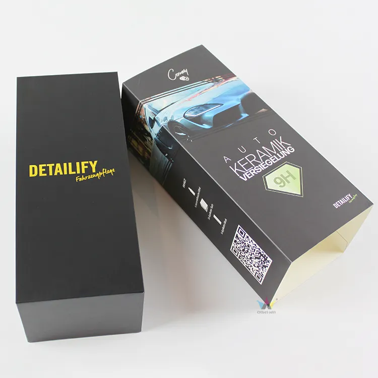 Opened lid and base rigid box showing custom molded black EVA foam insert holding coating bottle and accessories