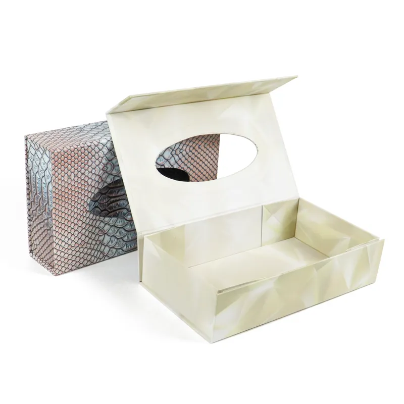 Open lid cream geometric diamond print window box packaging, empty lightweight foldable tissue storage window box packaging for hospitality use