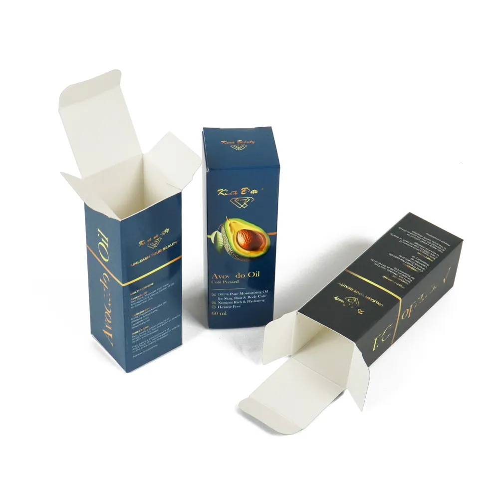 Open slim vertical navy blue tuck folding carton together with black printed tuck box for avocado oil bottles