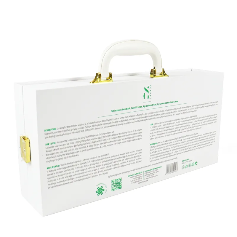 Opened magnetic closure boxes showing custom cut white EVA foam multi-cavity insert for skincare set storage