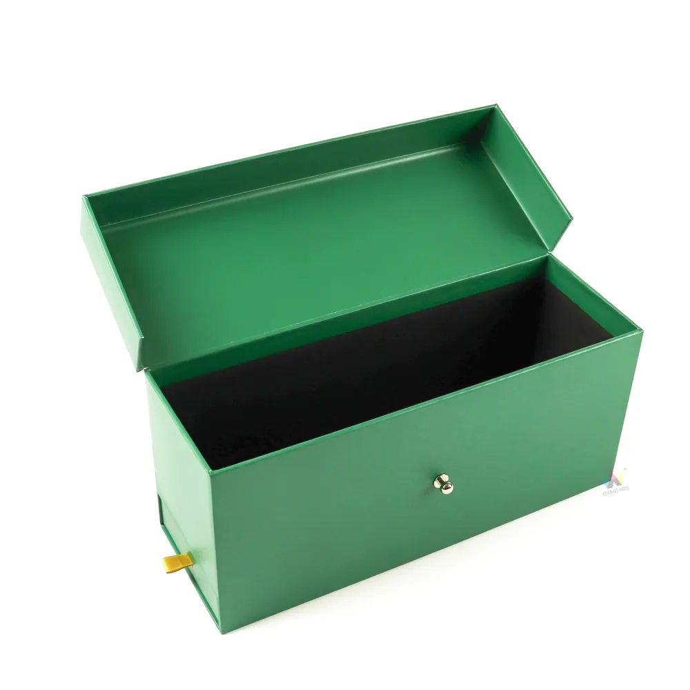 Opened magnetic closure boxes with flip lid, empty long rigid box interior for wine bottle storage
