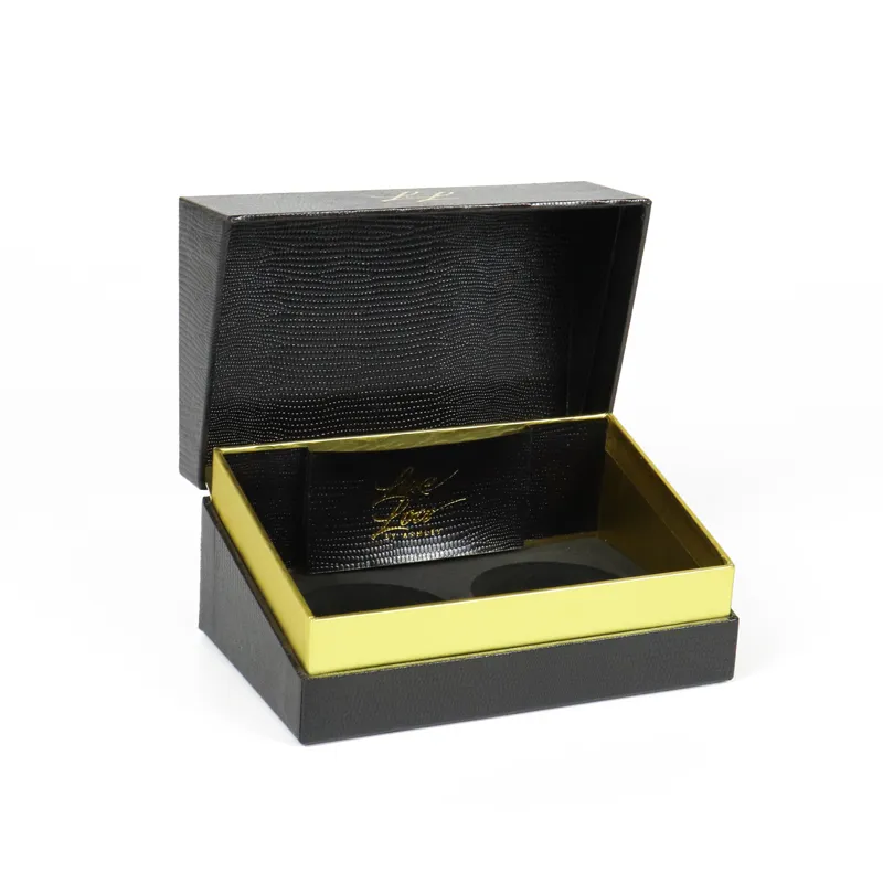 Open magnetic closure boxes showing dual circular pre-cut black EVA foam insert, gold metallic inner rim trim for round cosmetic jar storage