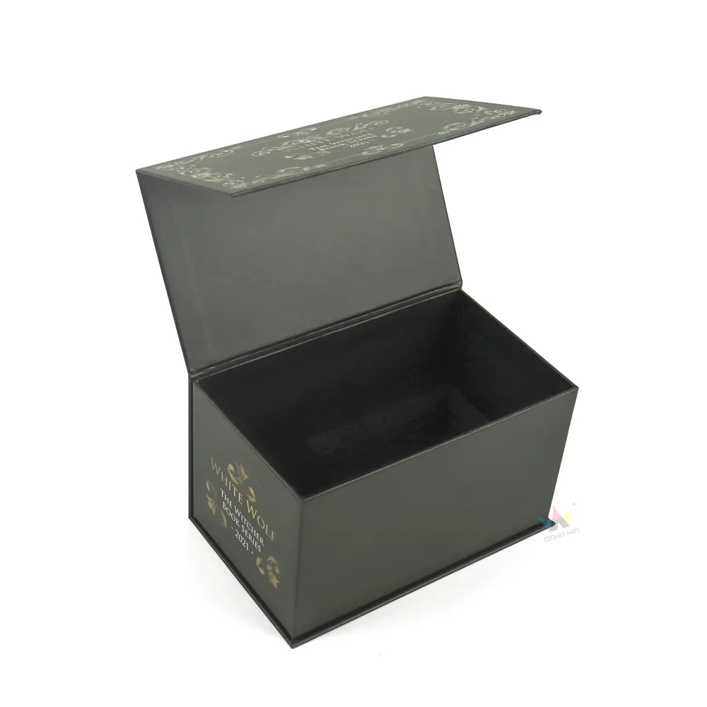Open matte black magnetic flip cosmetic boxes, empty black interior hinged rigid cosmetic gift packaging