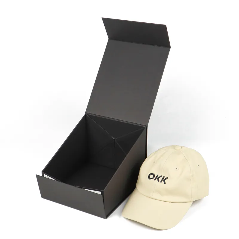 Open magnetic flip lid one piece folding box paired with beige embroidered baseball cap, fashion hat retail packaging box
