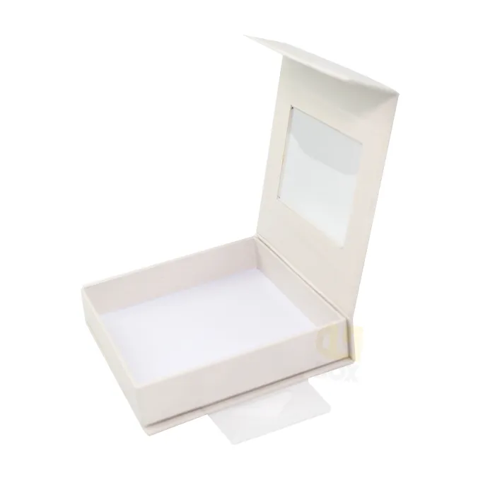 Opened magnetic rigid window gift box with transparent PVC window, empty interior for jewelry and lashes