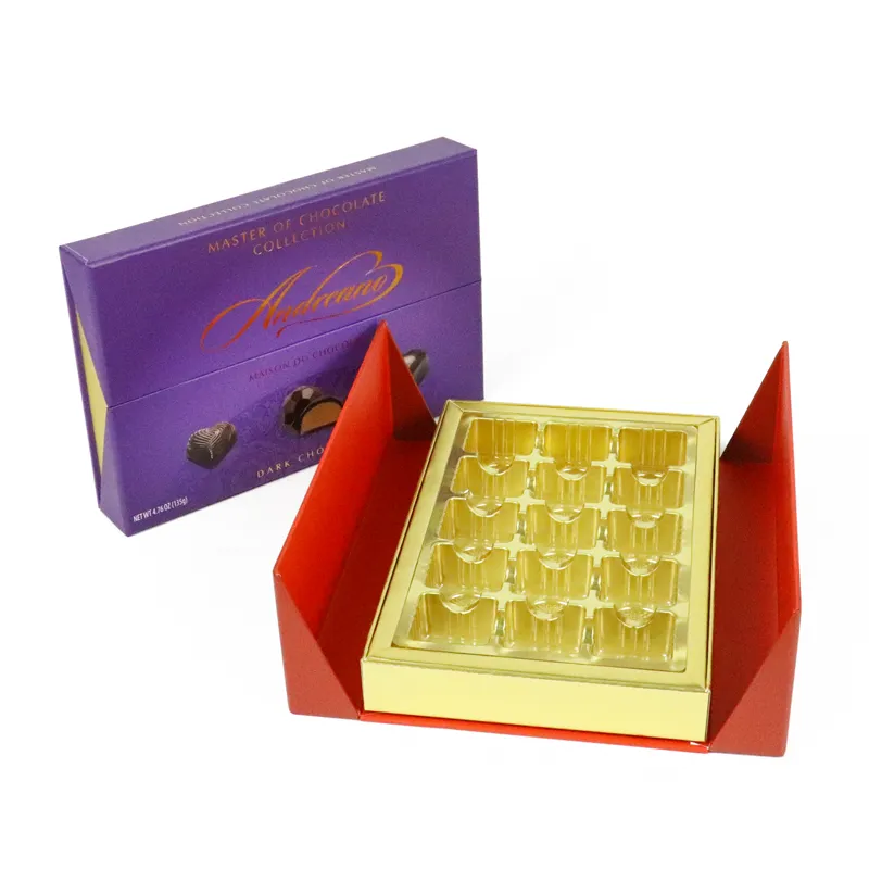 Open red luxury printed double door box for chocolate, showing shiny gold plastic blister tray with molded praline cavities, two-side fold gift packaging