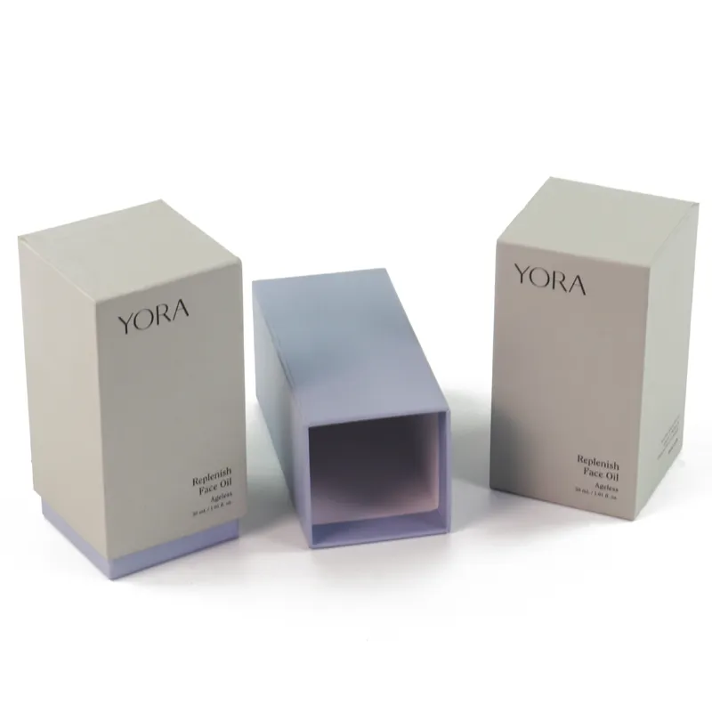 Open sliding outer sleeve rigid cosmetic box, showing inner base structure of minimalist custom printed skincare packaging