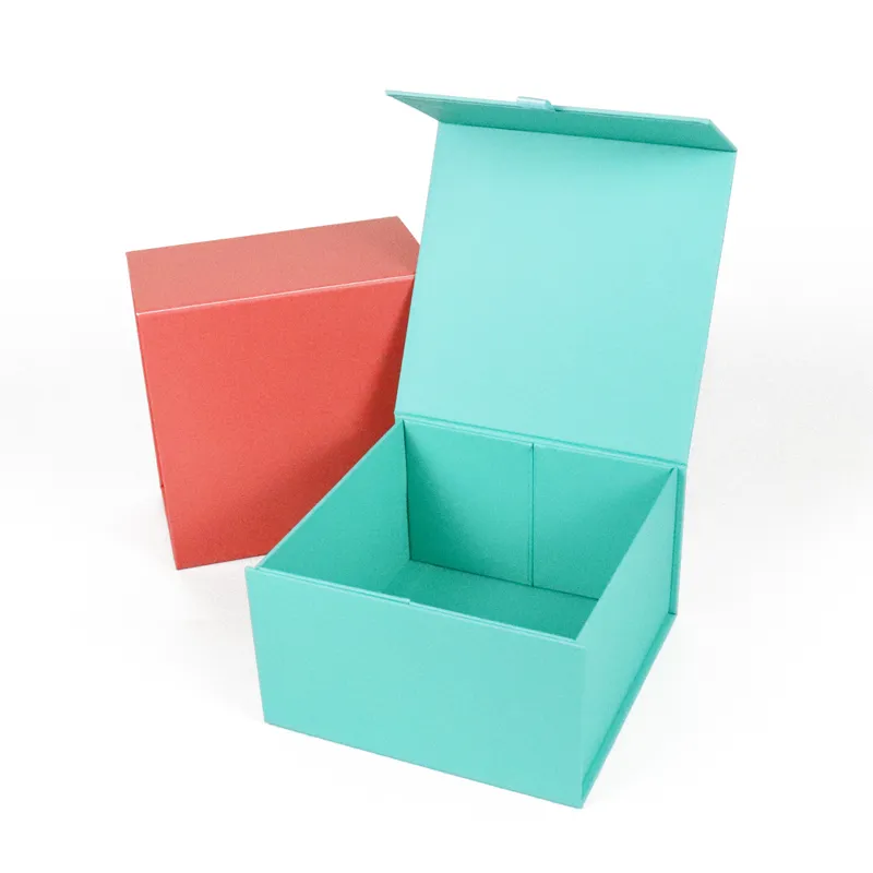 Open tiffany blue one piece folding box with magnetic flip lid, spacious empty interior for cosmetic and jewelry gift packaging