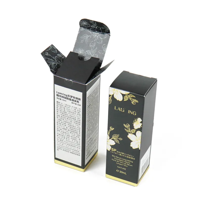 Open tall gold floral tuck folding cartons showing matching floral printed inner flip flap and rear ingredient text panel