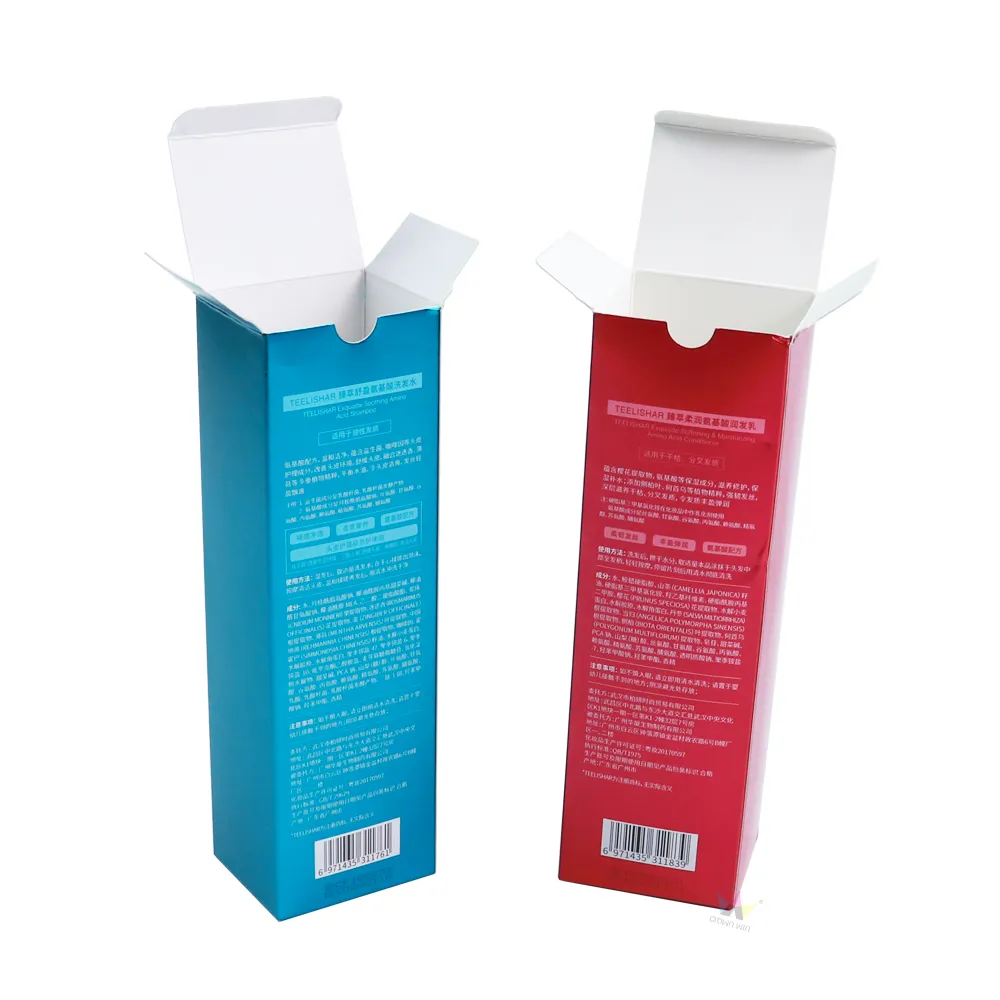 Two open-top vertical metallic tuck folding cartons with clean white blank inner lining, red and cyan hair care cosmetic boxes