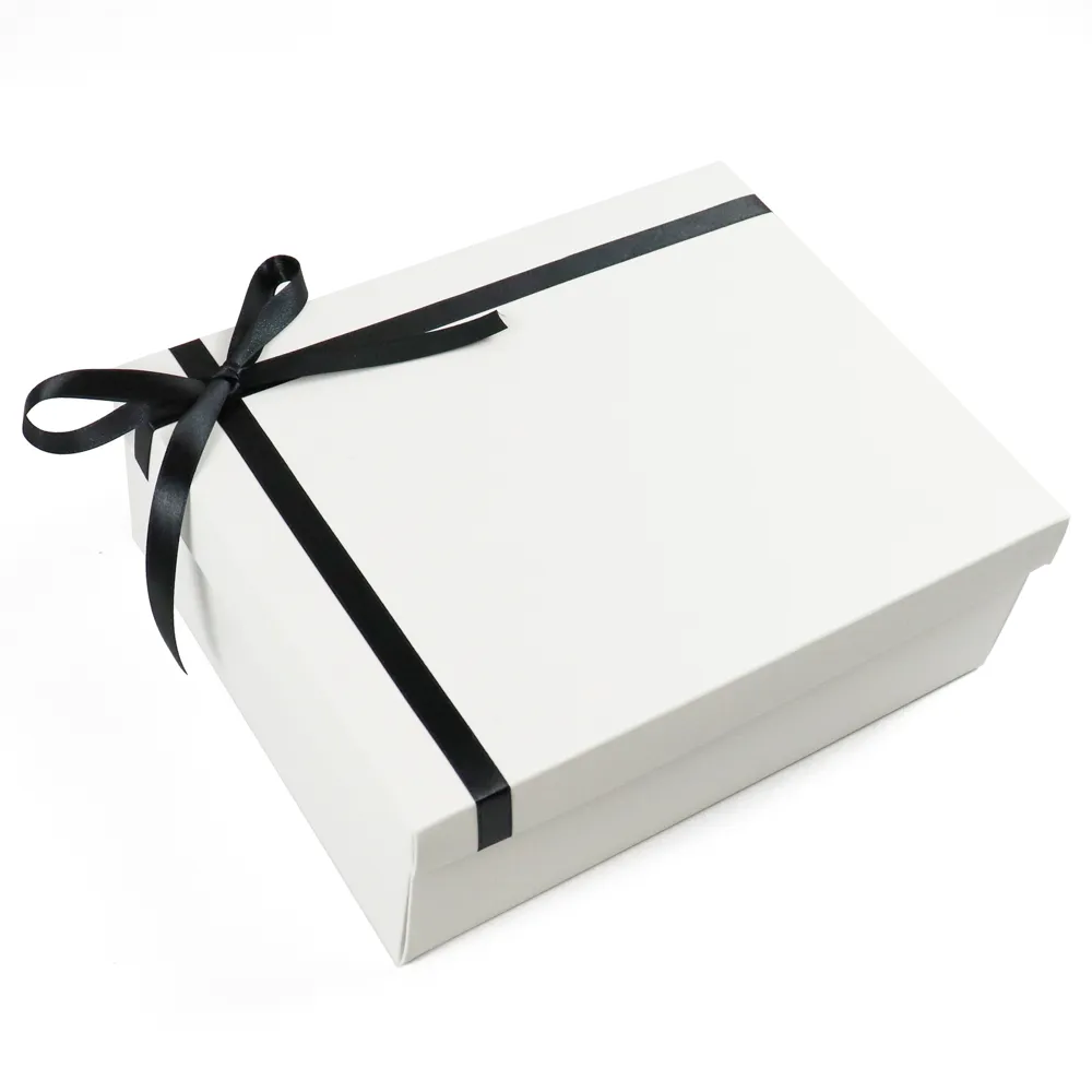 Open empty foldable rigid lid and base box, blank clean white interior for apparel and cosmetic storage