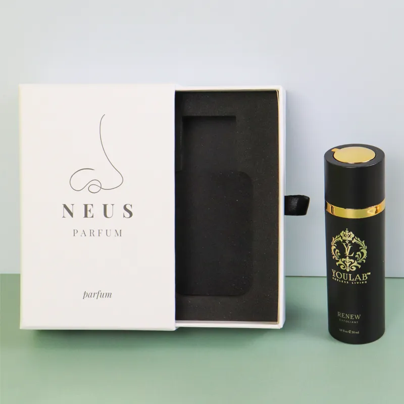 Open white slide drawer perfume boxes with black satin ribbon pull tab, empty dual cavity black molded EVA foam liner inside rigid fragrance packaging