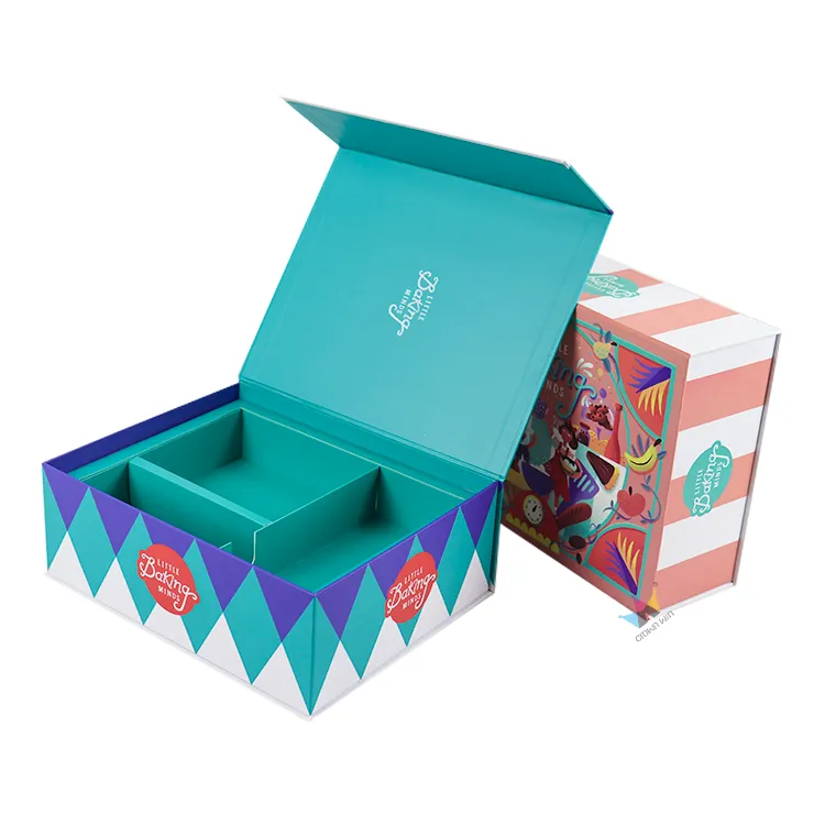 Magnetic box with outer paper sleeve, full wrap-around CMYK custom illustrated artwork