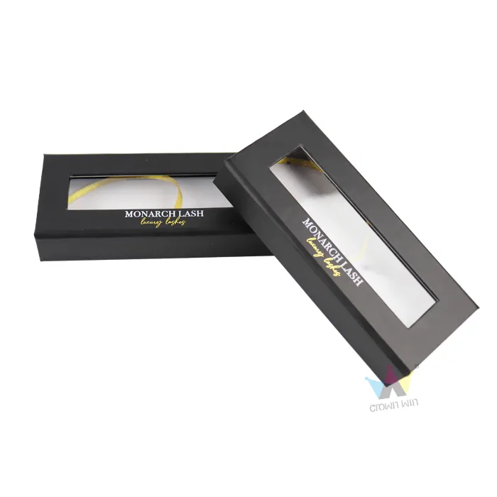 Angled overhead shot of hinged rigid window gift box embedded with transparent PET viewing window