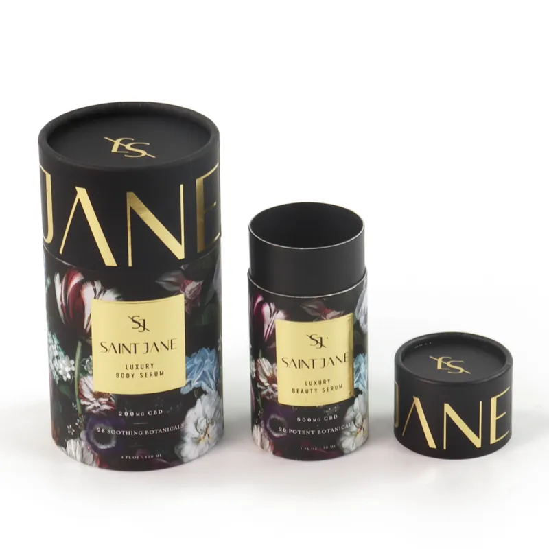 Side profile view of large and small rigid cylinder boxes with full dark vintage floral sleeve printing and metallic gold foil text