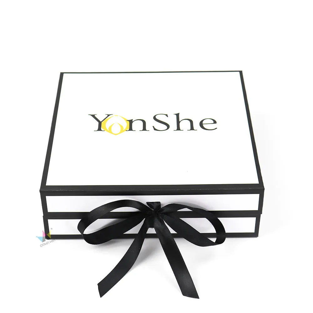 Side open display of luxury magnetic box with built-in satin ribbon for lid closure