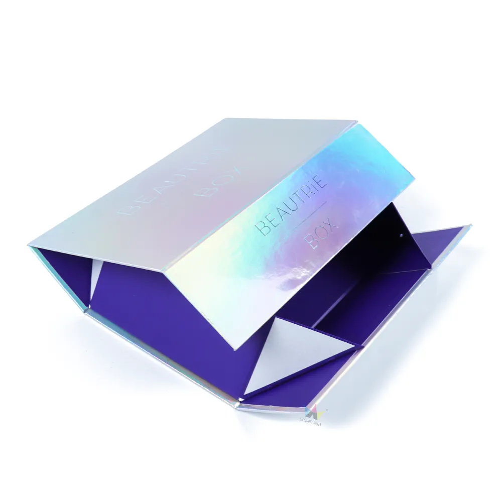 Overhead full front view of closed shiny rainbow iridescent rigid magnetic one-piece folding cosmetic gift box