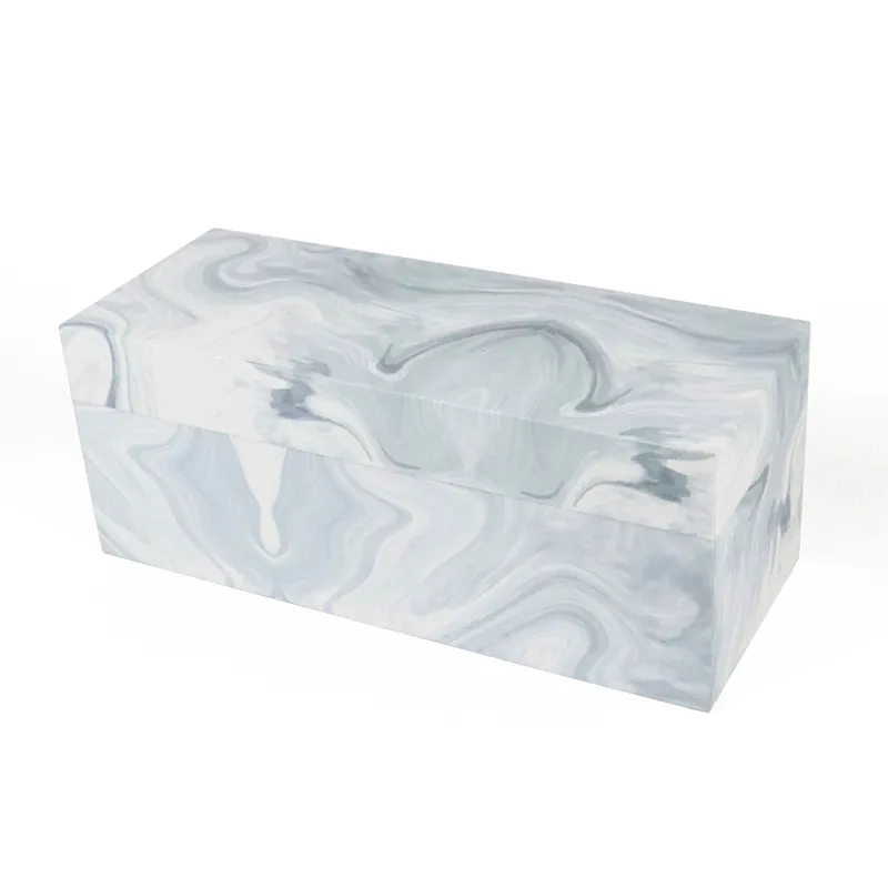 Top overhead shot inside marble magnetic closure boxes, blank branded label panel on lid interior and full marble lining