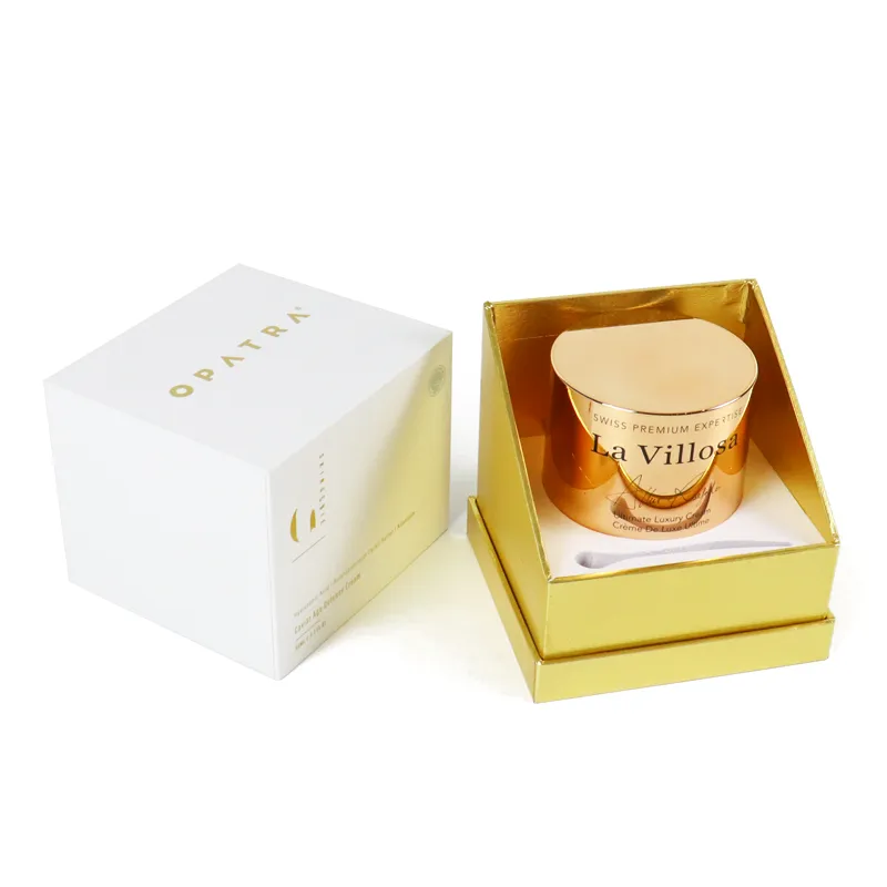 Top-down overhead interior shot of premium skincare packaging with precision molded white paper insert for face cream containers