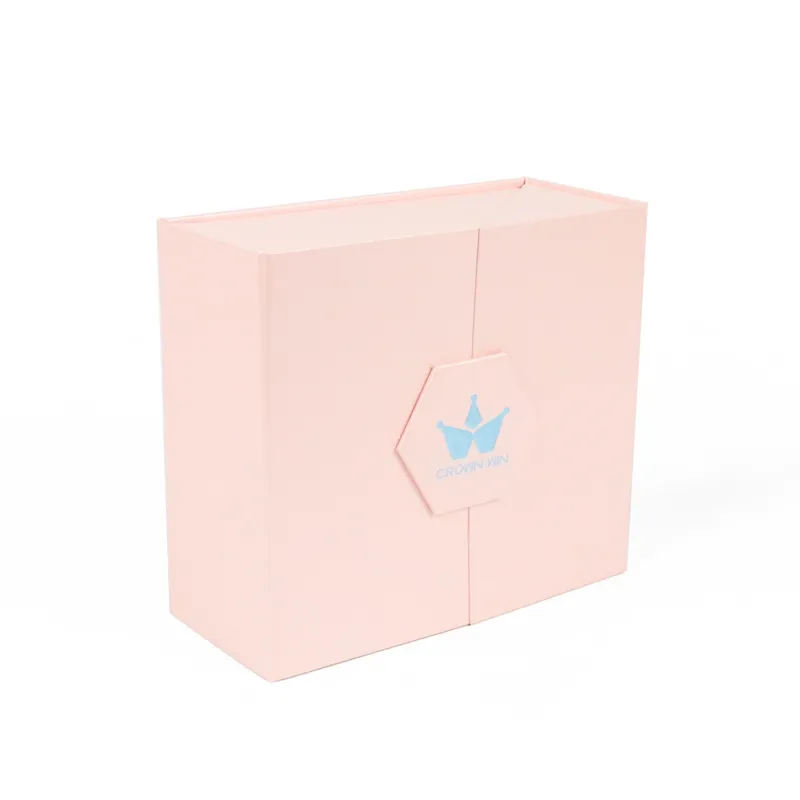Top slanted view closed pink flat-pack double door box, minimalist retail gift packaging