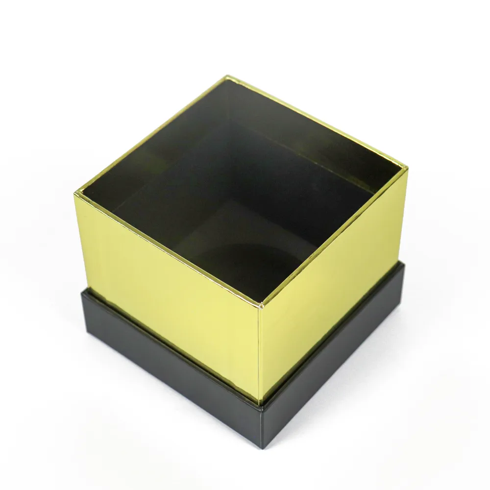 Separated lid, base and removable glossy metallic gold inner sleeve of empty square rigid essential oil boxes