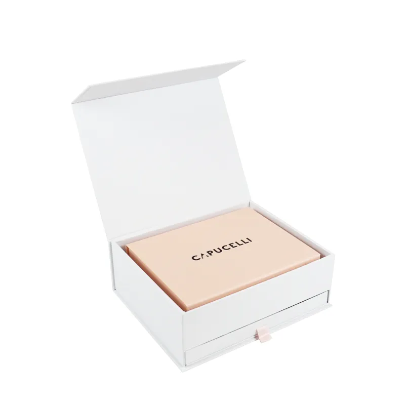 Overhead top flat view of closed minimalist white two-tier flip lid cosmetic boxes with custom brand name printing on lid surface
