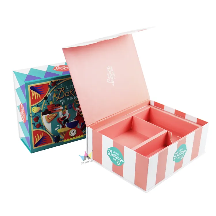 Top view of pink rigid magnetic box showing built-in compartment divider insert layout