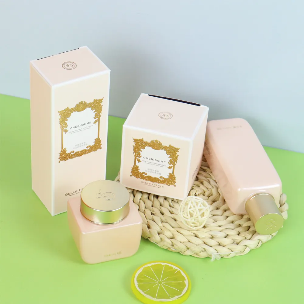 Top-down shot of assorted sizes pale beige tuck folding cartons, premium packaging for cosmetic skincare collections