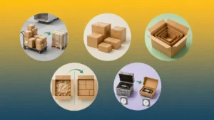 Infographic showing 5 ways to reduce packaging shipping costs with right-size boxes, lightweight paper inserts, better pallet stacking, eco filling materials, flat pack custom paper boxes from Crown Win Box Manufacturer
