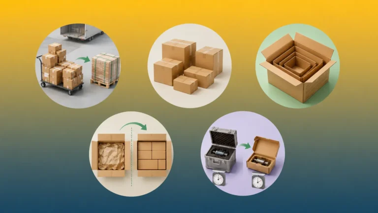 Infographic showing 5 ways to reduce packaging shipping costs with right-size boxes, lightweight paper inserts, better pallet stacking, eco filling materials, flat pack custom paper boxes from Crown Win Box Manufacturer