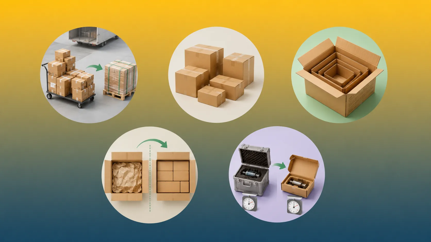 Infographic showing 5 ways to reduce packaging shipping costs with right-size boxes, lightweight paper inserts, better pallet stacking, eco filling materials, flat pack custom paper boxes from Crown Win Box Manufacturer