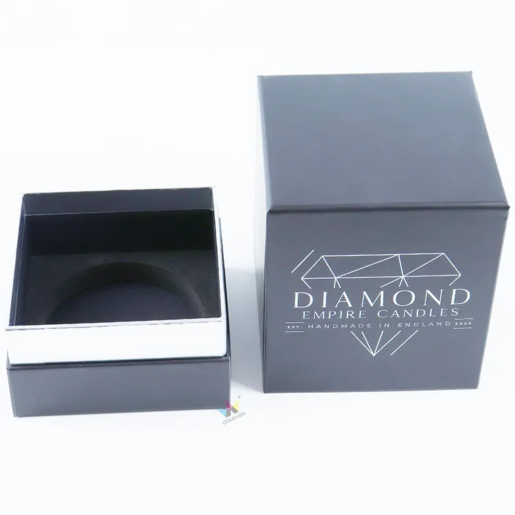 Matching set of closed and fully opened square essential oils boxes with foam insert, premium two-piece lid-base fragrance gift packaging boxes