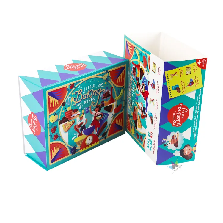 Display set of magnetic flip gift box and matching printed outer sleeve for home baking kit packaging