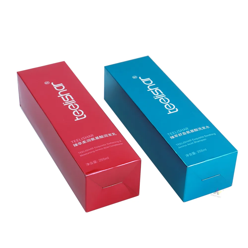 Top flat view of paired red and cyan metallic tuck folding cartons with vertical custom brand logo printing on front surface