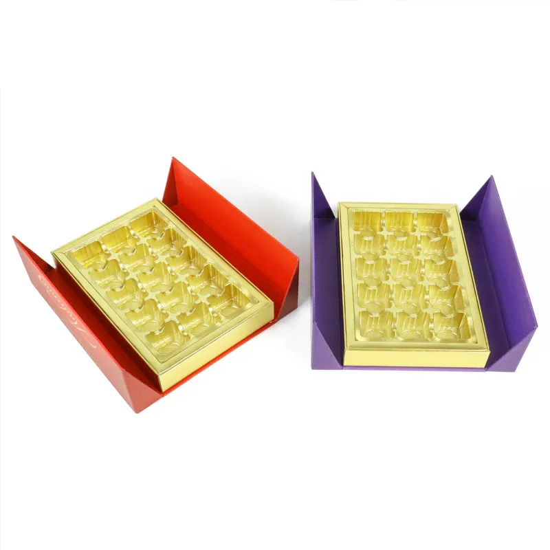 Two folded closed double door box in red and purple color standing side by side, custom printed chocolate holiday gift packaging wholesale