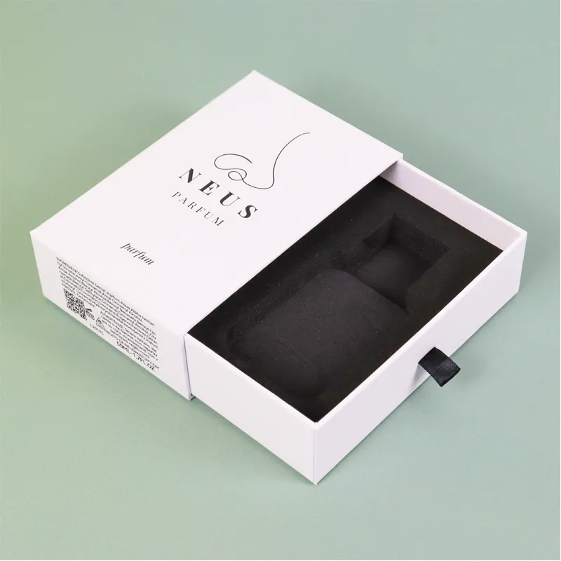 Partial angled shot white slide drawer perfume boxes, small printed product information text on box side edge