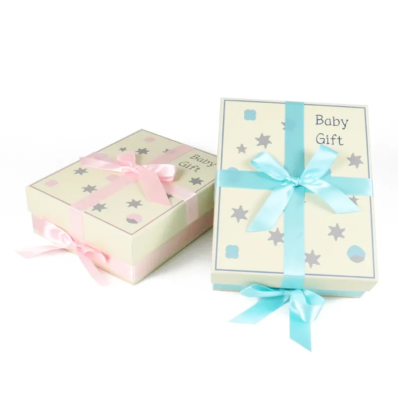 Closed front view pastel lid and base box with pink satin ribbon bow for baby shower presents