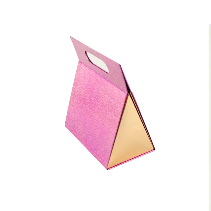 Shiny pink glitter Triangle Folding Box, portable triangular gift box with handle