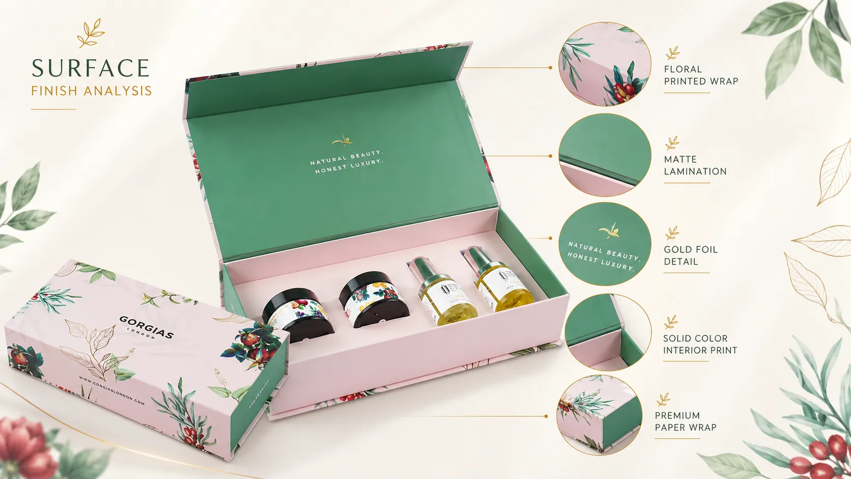Pink Floral Magnetic Flip Lid Rigid Skincare Packaging Gift Box – Custom 4-Slot-process