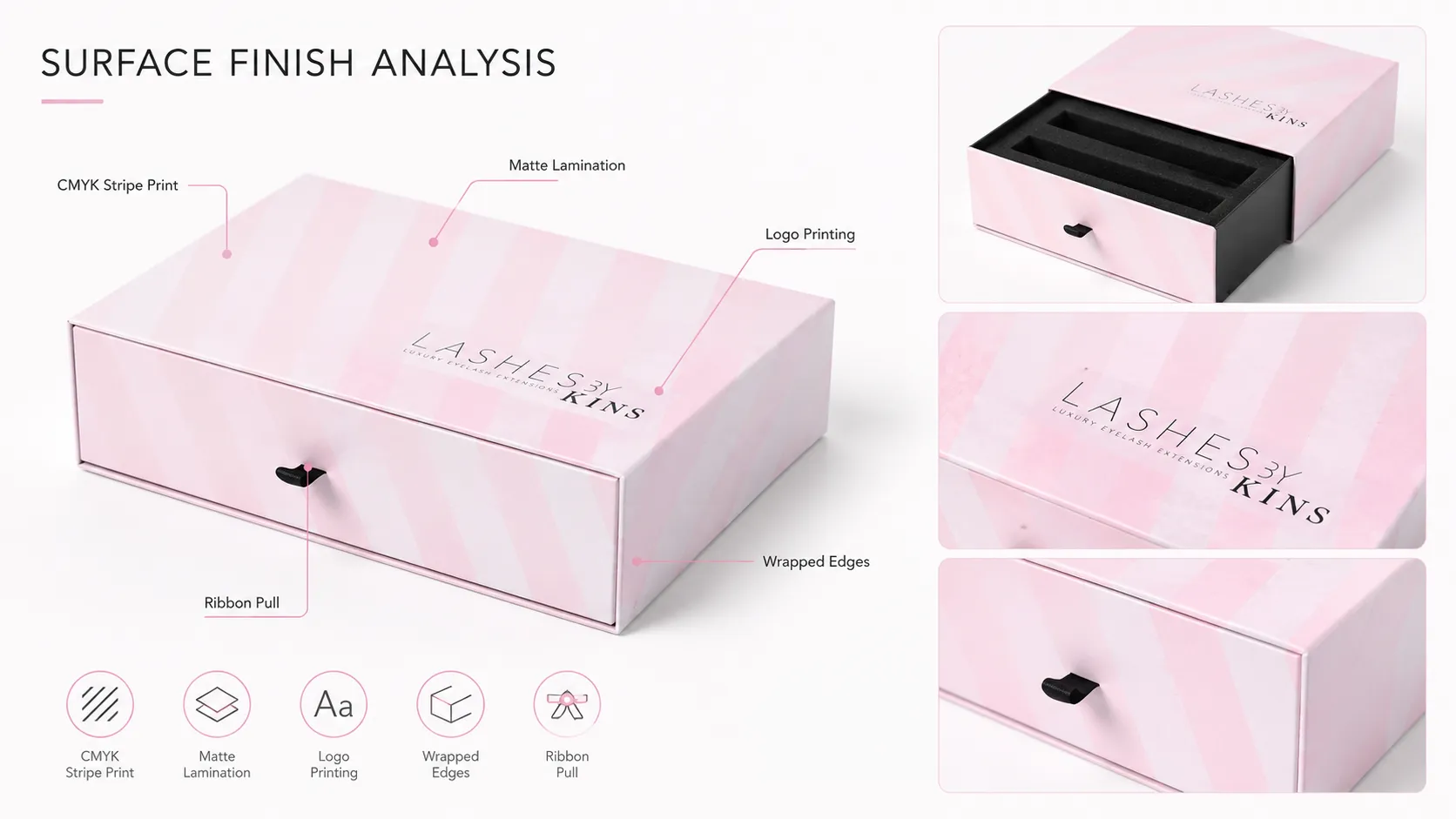 Glossy Pink Diagonal Stripe Slide Drawer Box – Fabric Pull Tab, Custom Molded Dual-Slot EVA Foam Insert-process