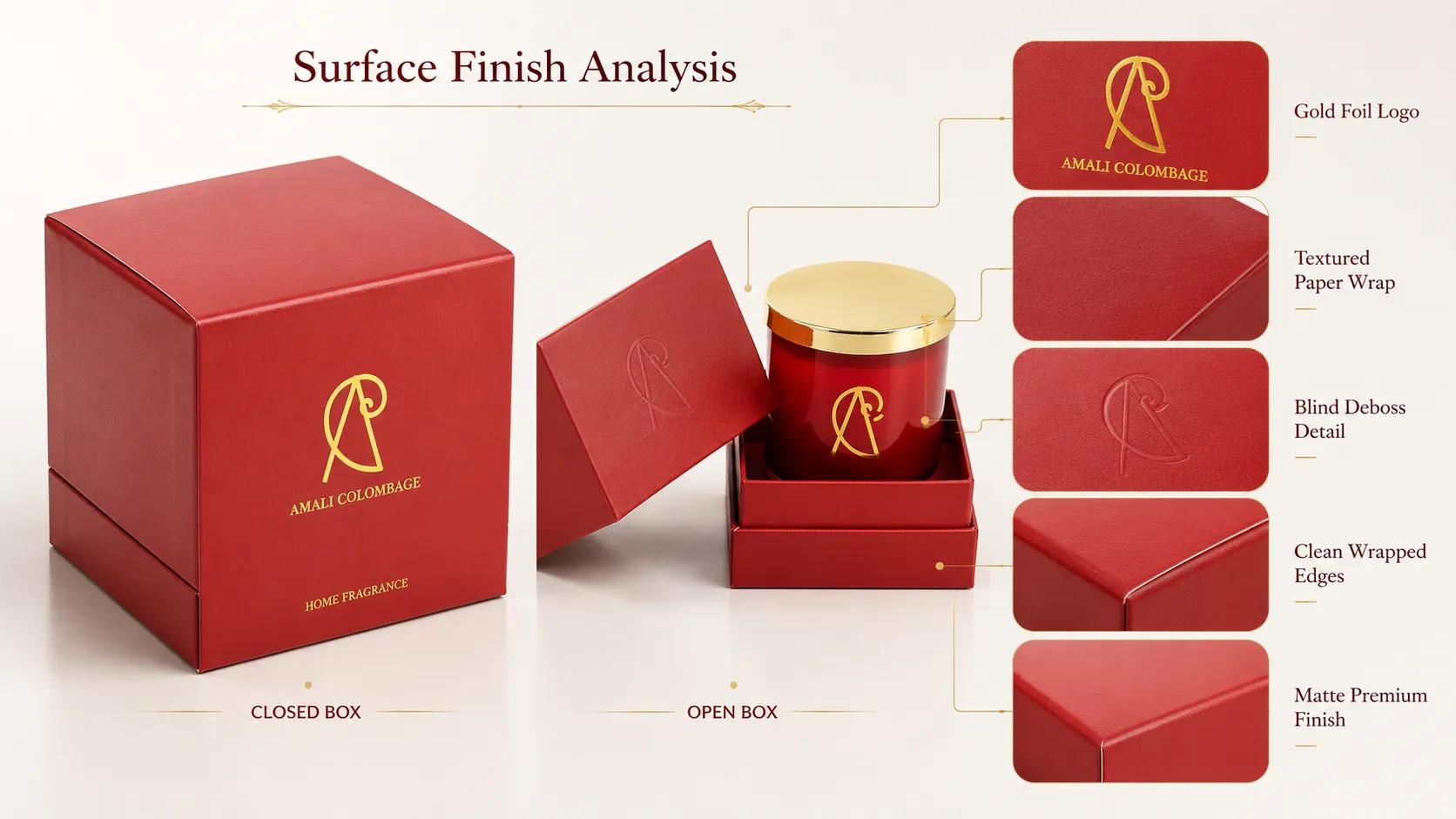 Vibrant Red Leather Grain Lid & Base Square Candle Boxes – Custom Gold Hot Foil Logo + Blind Emboss Pattern, Matching Red Inner Tray Rigid Luxury Packaging-process