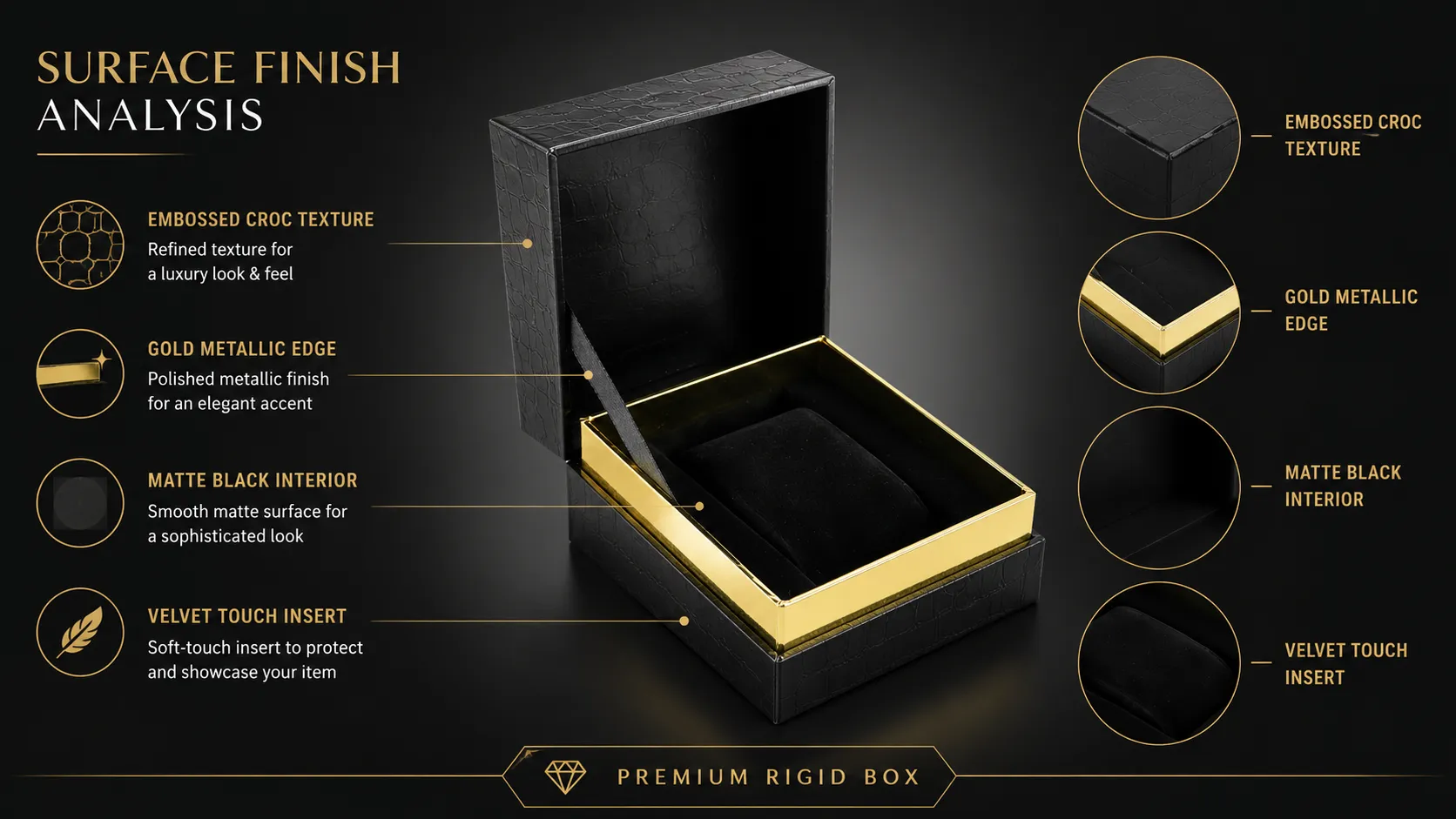 Black Crocodile Grain PU Leather Flip Lid Essential Oil Boxes – Shiny Gold Metallic Inner Tray-process