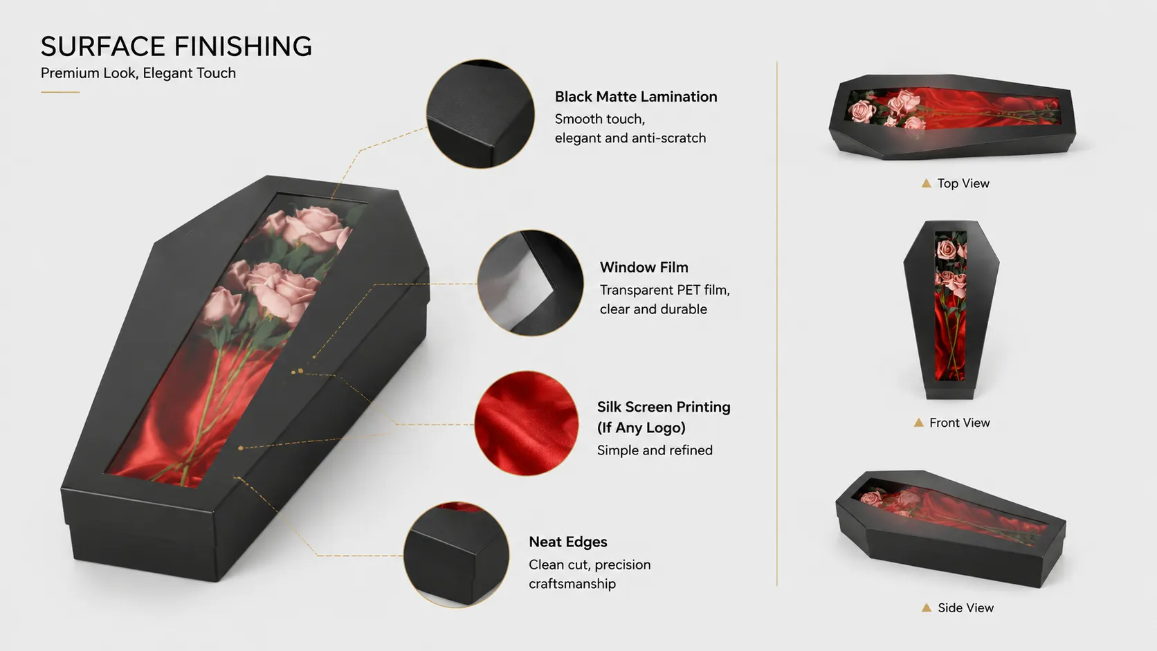 Coffin Shaped Window Box Packaging – Matte Black Gothic Rigid Gift Box with PVC Window & Red Satin Lining for Artificial Roses-process
