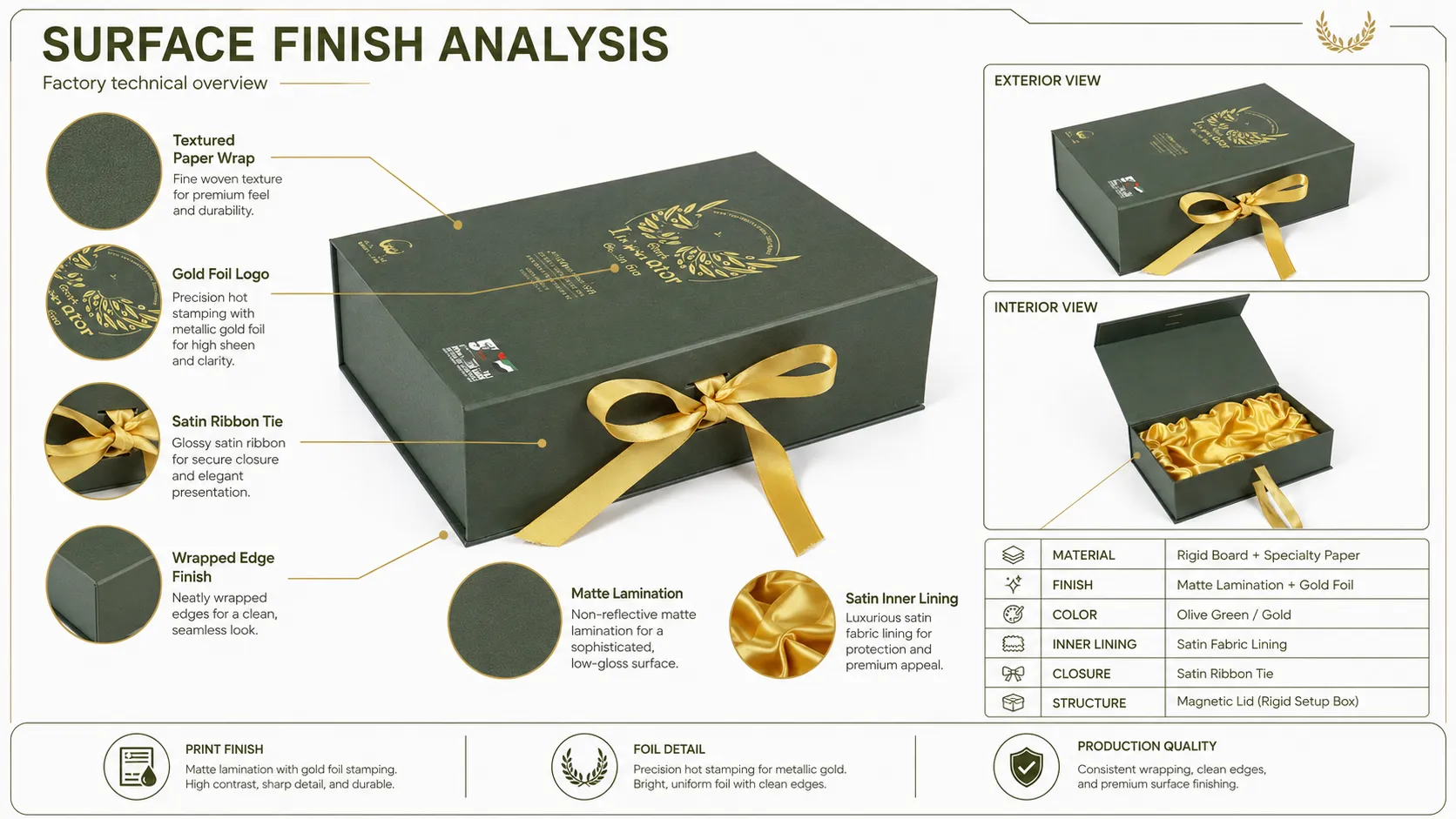 Magnetic Closure Box – Dark Green Book Style Magnetic Closure Boxes with Golden Satin Lining for Extra Virgin Olive Oil & Gourmet Food Gift Sets-process