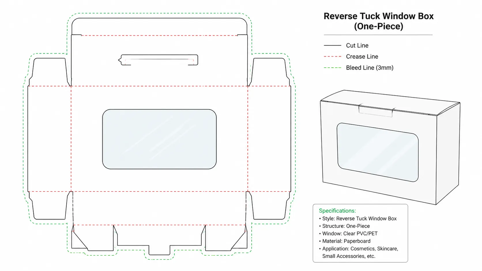 One-piece reverse tuck window box die cut template with cut, crease and bleed lines, structural drawing for custom paper packaging carton