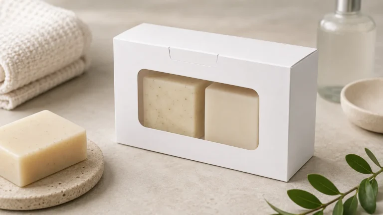 Custom reverse tuck window soap packaging box with transparent PET window, retail bath product paper box made by Crown Win China packaging factory