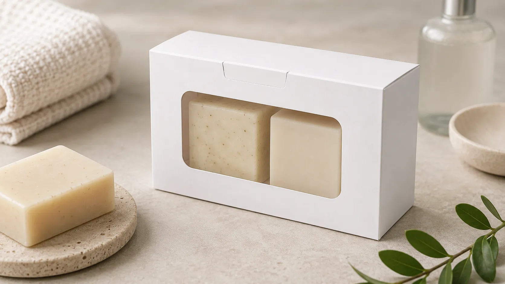 Custom reverse tuck window soap packaging box with transparent PET window, retail bath product paper box made by Crown Win China packaging factory