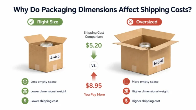 Shipping cost comparison infographic between perfectly sized custom cartons and oversize boxes, lower dimensional weight solution from Crown Win Box Manufacturer