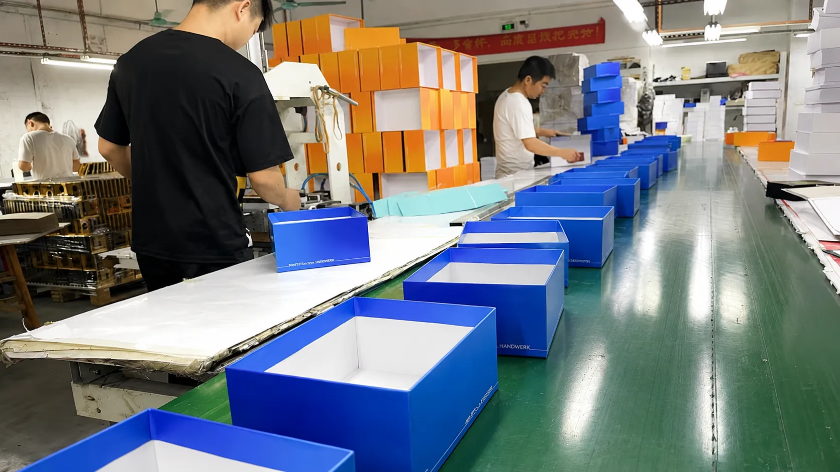 Crown Win factory workshop production line for custom lid and base rigid gift boxes, mass manufacturing of luxury paper packaging