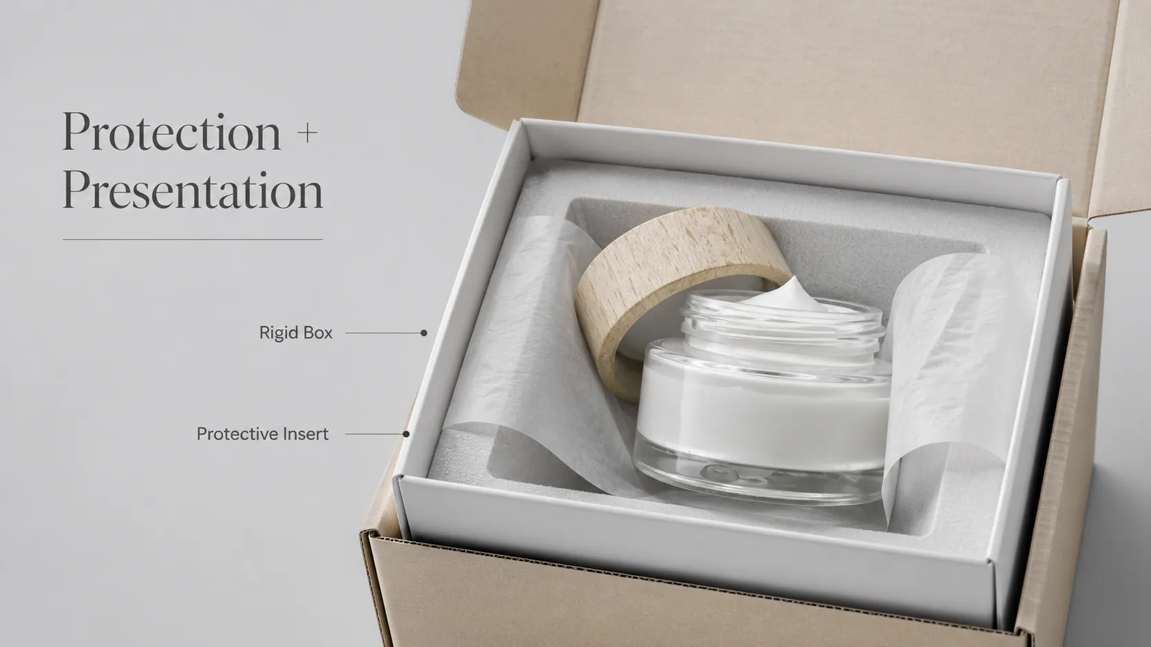 White rigid box with custom protective foam insert for glass cosmetic cream jar, premium skincare packaging by Crown Win Packaging